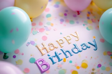 A close-up of a "Happy 1st Birthday" banner with pastel balloons and confetti