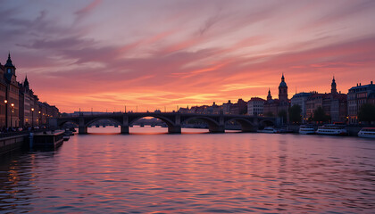 Fototapeta premium Stunning Sunset Over a River with Historic Architecture and Bridge