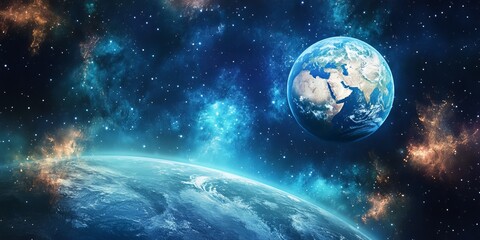 Stunning depiction of Earth floating in space with vibrant stars and cosmic colors. Perfect for projects related to exploration, science, and the universe.