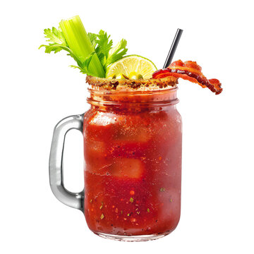 Ceasar brunch cocktail with salad garnish transparent PNG isolated background. Mixology, bar menu, colorful vibrant refreshing drink in glass jar