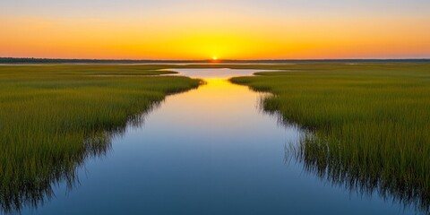 Obraz premium Sunrise over a tranquil marsh waterway