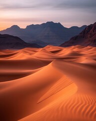 Naklejka premium Sunrise over desert dunes, mountains in the background. Possible use travel brochure, nature calendar