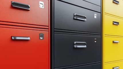 A vibrant office hallway with colorful doors and filing cabinets, resulting in a well-organized and contemporary workspace