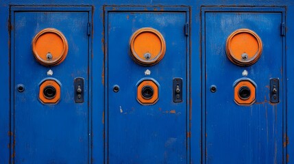 A line of blue lockers adorned with orange accents, forming a lively and orderly storage area, typically seen in a school or gym setting