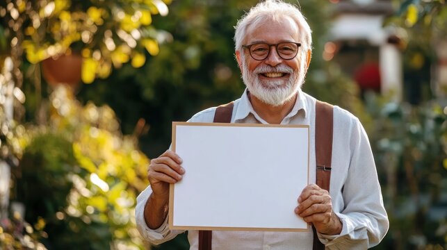 Senior man holding blank sign outdoors