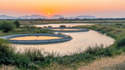 Sunset over circular fish farms, rural landscape