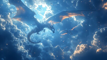 Fototapeta premium Magical Scene of Flying Dragons Amidst Blue Sky and Glowing Fish