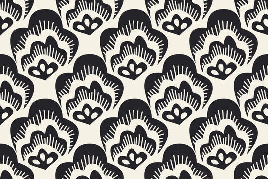 Abstract flowers shape geometric motifs. Oriental style damask floral. Modern textile weave effect. Two-tone monochrome pattern background. Floral tile modern lux fabric design textile swatch ladies  