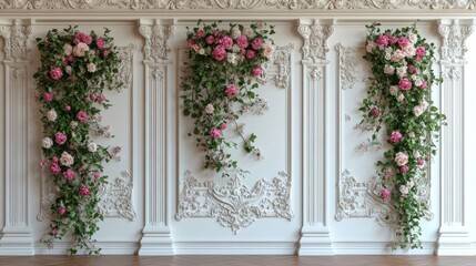 Fototapeta premium An exquisite floral background adorned with gentle pink and white blossoms, lush greenery, and graceful columns, ideal for events or photo sessions
