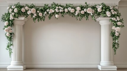 Obraz premium A lovely backdrop featuring tender pink and white petals, greenery, and refined columns, ideal for events or photography