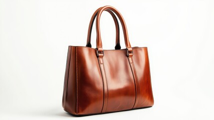 A luxurious leather handbag, placed flat on a white surface with no background distractions, on a white isolated background