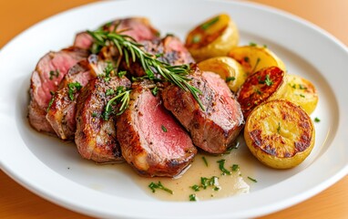 Deliciously grilled beef tenderloin served with roasted potatoes and fresh lemon slices