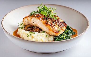 Grilled chicken breast served with creamy mashed potatoes and savory sauce on a white plate
