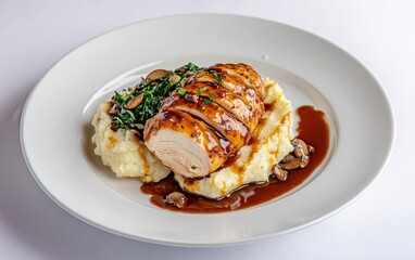Grilled chicken breast served with creamy mashed potatoes and savory sauce on a white plate