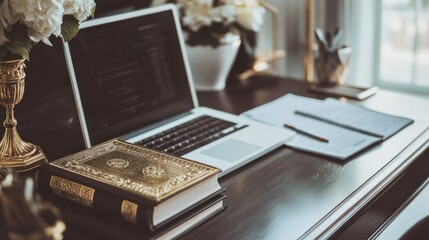 Serene Study Space: Quran, Laptop, and Notes on a Rich Wood Desk