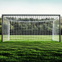 Fototapeta premium Soccer field with a goal net and a grassy field. The net is empty and the field is green