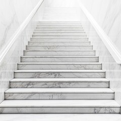 Fototapeta premium The image is of a white staircase with a marble top. The staircase is very tall and has a very clean and simple design