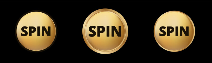 Three gold coins displaying the word spin in bold black letters, showcasing repetition and design.