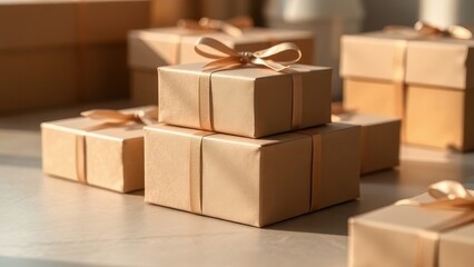 Fototapeta premium Sculptural clay art, warm autumn colors, depicting gift boxes on an elegant surface. The central box, sharply focused, features unique packaging, with a soft background blur.