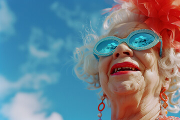 Happy senior drag queen. Smiling gay elderly woman wearing heavy makeup, Inclusive pride 2025, sunny blue sky