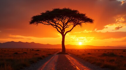 Obraz premium The iconic African savanna is showcased in this photograph, featuring a prominent acacia tree silhouetted against a vibrant sunset.