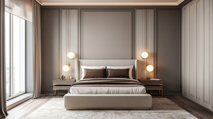 Modern neoclassical bedroom, smoky gray walls, linen upholstered bed, brass nightstands, soft relief wall panel, linen roman blinds, warm LED lighting