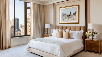 Fototapeta premium Neo classical bedroom, muted warm tones, plush velvet bed, sculptural brass nightstands, framed delicate pastel old town painting, sheer linen drapes