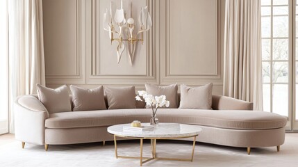 Fototapeta premium Neoclassical living room, soft beige walls, plush velvet sofa, marble coffee table, sculptural wall panel, tall sheer curtains, gold chandelier