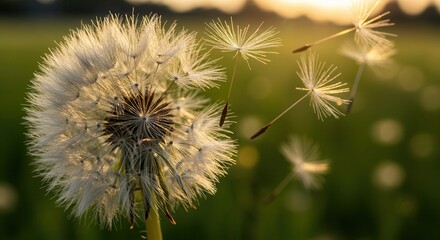 Dandelion Seed Head Dispersing at Sunset with Glowing Backlight Close-up