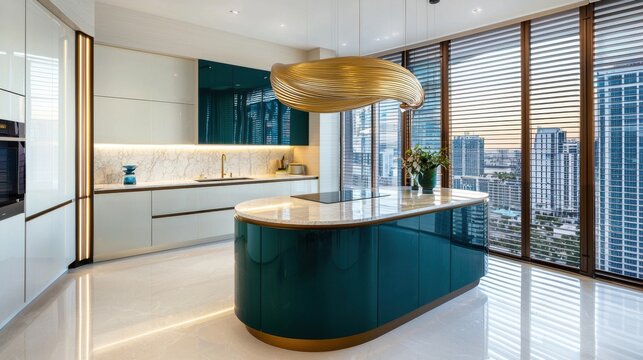 Neo retro kitchen, curved high gloss cabinets, marble island, sculptural gold pendant, bold color accents, wooden blinds, panoramic city skyline