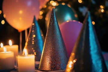 A close-up of metallic party hats with glittery finishes, arranged on a table with candles and balloons