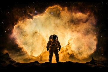 Fototapeta premium A lone astronaut stands on an alien planet, silhouetted against a vibrant nebula in the cosmic expanse.