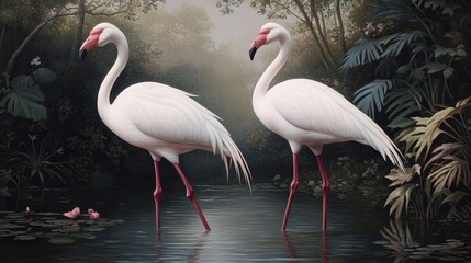 Obraz premium Two flamingos in a serene tropical lagoon, lush foliage background