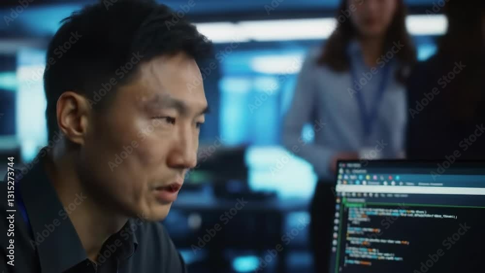 Poster asian male programmer coding at night office. professional software developer working on computer. t