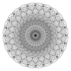 Abstract round spiral minimalist mandala in black and white.