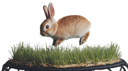 Chubby rabbit bouncing on a trampoline made of soft Easter grass on a white background --ar 16:9