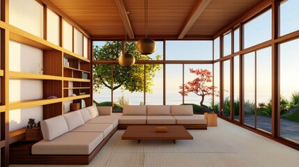 Scandinavian Japanese living room, deep walnut walls, oversized modular sofa, floating wooden shelves, sculptural bronze chandelier, recessed soft lighting