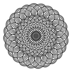 Abstract round spiral minimalist mandala in black and white.