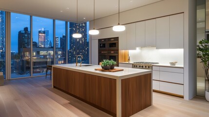 Scandinavian kitchen, warm white cabinetry, floating walnut island, bronze fixtures, sculptural LED pendant, under cabinet soft lighting, floor