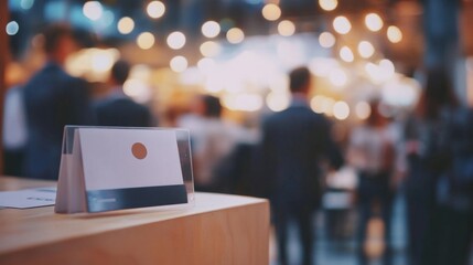 Blank tabletop tent card at a busy event, showcasing out-of-focus attendees.
