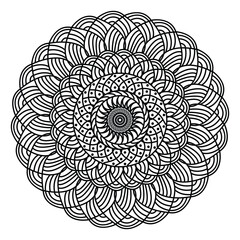 Abstract round spiral minimalist mandala in black and white.