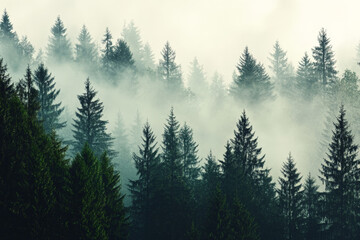 Fototapeta premium Misty landscape with mountains and dark moody fir forest in hipster vintage retro style