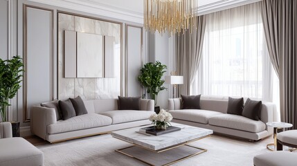 Serene neoclassical living room, pearl gray walls, plush modular sofa, marble coffee table, sculptural wall panel, layered curtains, gold chandelier