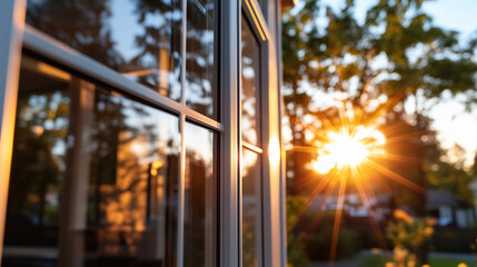 A clean window reflecting golden sunlight, overlooking a lush green backyard on a bright morning.