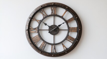 A large decorative clock with roman numerals, hanging on a white wall, on a white isolated background