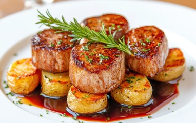 Succulent grilled beef filet with roasted potatoes and red wine sauce served at an elegant dining setting