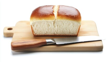 A fresh loaf of bread with a knife beside it, placed on a wooden cutting board, on a white isolated background