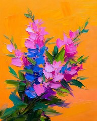 Vibrant floral bouquet, impasto style, orange background, artistic expression
