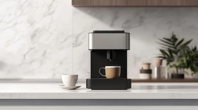 A modern coffee maker with a cup of coffee beside it, placed on a kitchen counter
