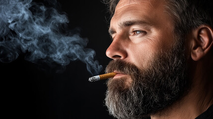 Fototapeta premium A rugged bearded man smokes a cigarette, exhaling smoke against a dark background.